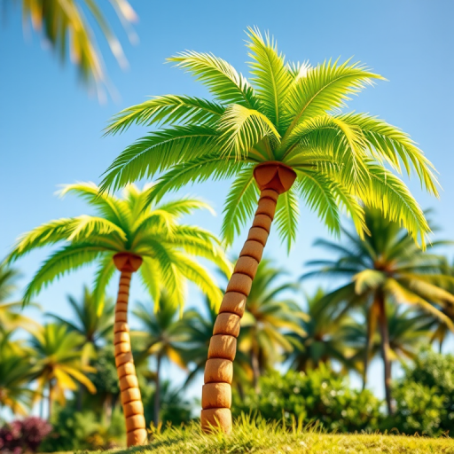 Generate a vibrant tropical scene featuring two cartoon-style palm trees with lush green leaves and brown trunks, captured in high resolution with a DSLR camera at f/5.6, ISO 100, 50mm lens, in a sunny outdoor setting with a slight depth of field for enhanced focus on the trees.