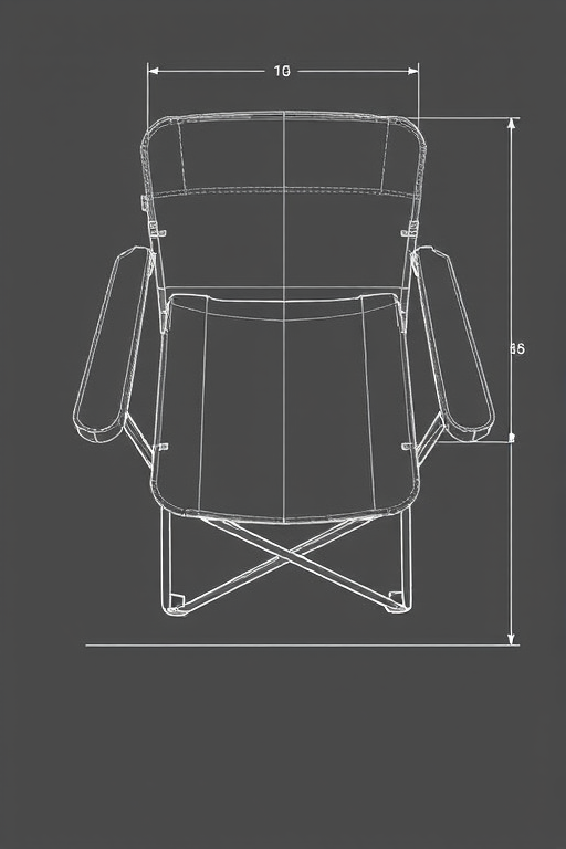 Create a high-resolution technical illustration of a folding chair from a top-down view, ensuring clear lines and detailed features, captured using a DSLR camera with a 50mm lens, aperture set to f/8, ISO 200, and lighting adjusted for a well-lit environment.