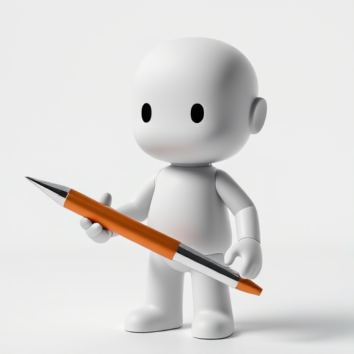 create a 3D model of a small humanoid figure holding a large pen, white background, soft lighting, 50mm lens, f/2.8 aperture, ISO 100, straight-on view, studio photography, high-resolution image