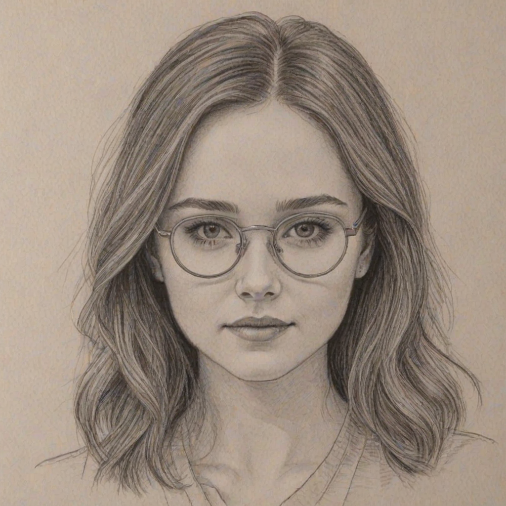Exquisite Madison Davenport, pencil sketch, portrait of Lovely woman 1969s in glasses, hair style beatnik, outline, clear lines, fine lines, 8k