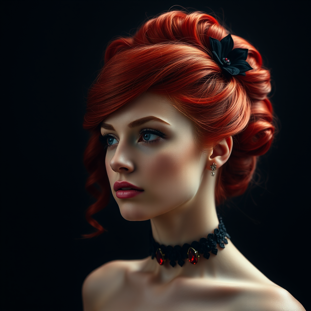 A young woman with bright red hair styled in a voluminous updo adorned with black floral accents, wearing a black choker with a large red gemstone pendant, looks off to the side with a slightly pensive expression, her face softly lit against a dark background.  The image is composed as a portrait, shot from a close-up perspective, with the subject filling most of the frame.  The woman's skin appears fair and flawless, with a subtle glow.  The overall atmosphere is elegant and slightly dramatic.