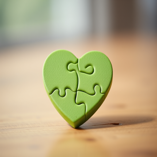 A high-resolution image of a green heart-shaped puzzle, close-up view, f/2.8 aperture, ISO 100, 50mm lens, natural lighting, soft focus background, digital camera.