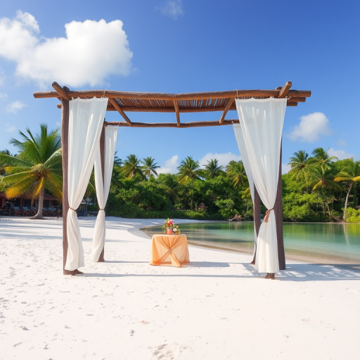 Create a picturesque tropical beach scene featuring a serene, white sandy shore. In the foreground, there's a rustic wooden canopy with white drapes gently flowing in the breeze. Underneath the canopy, a table is set with tropical decor, evoking a sense of relaxation and leisure. The beach extends into a calm, shallow water area with reflections of the sky and surroundings. Palm trees and lush greenery line the edge of the beach, providing a natural, tropical backdrop. The sky is clear with a few scattered clouds, and the overall atmosphere is tranquil and inviting, perfect for a peaceful retreat.