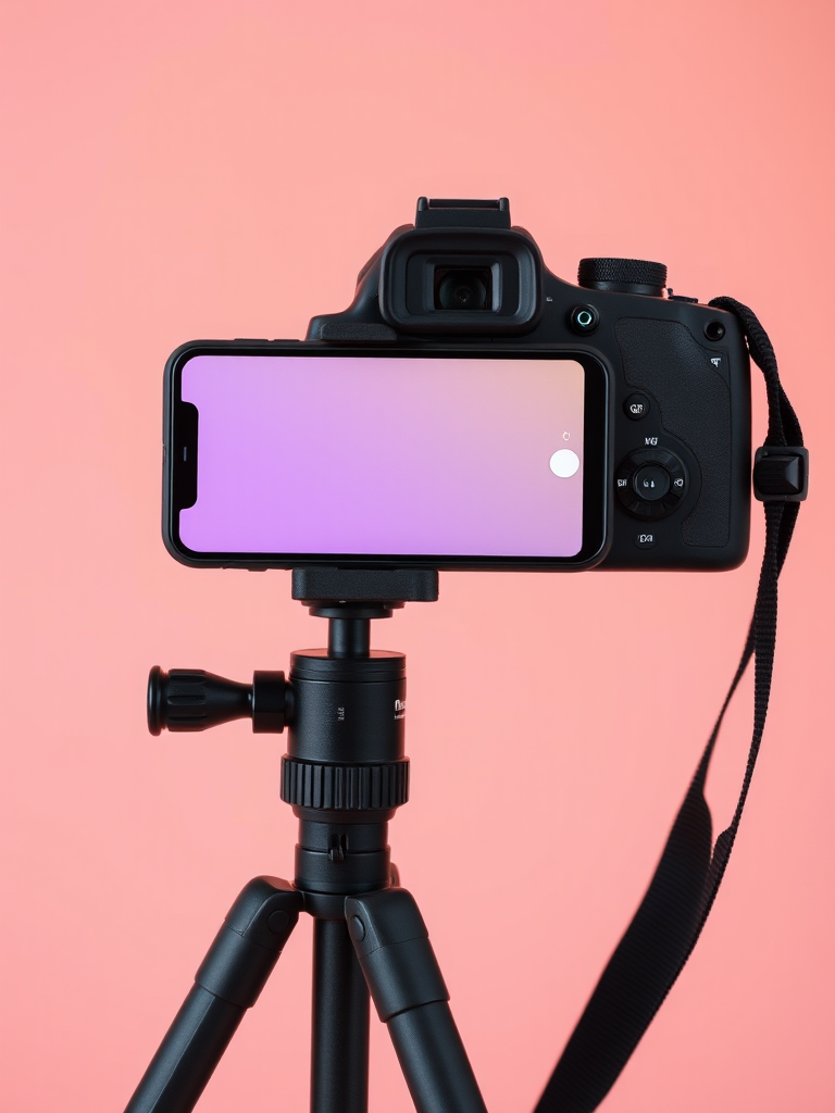 Create a high-resolution image of a smartphone mounted on a tripod against a smooth pastel background, using a DSLR camera with a 50mm lens, aperture set to f/1.8, shutter speed at 1/125s, and ISO 200 to ensure sharp focus and vibrant colors.