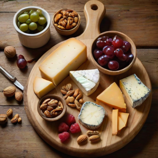 Warmly lit photo of a gourmet cheese platter on a rustic wooden table, with an assortment of cheeses, fresh fruits, nuts, and a small bowl of honey, soft light highlighting the textures and colors.