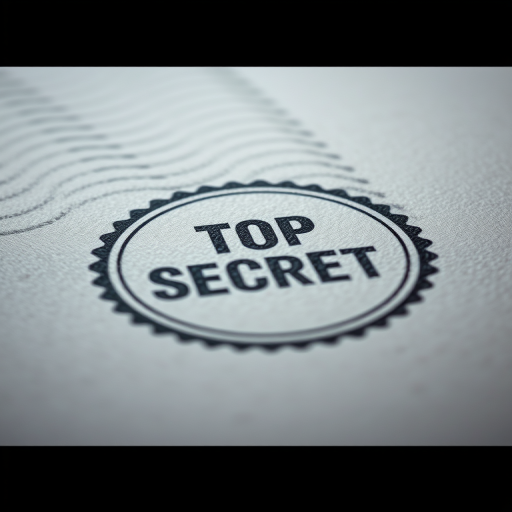 Create an image of a "Top Secret" stamp, using a high-resolution camera set to 50mm lens at f/2.8, with a shallow depth of field, flat lay perspective, and soft lighting to enhance the texture and details of the stamp.
