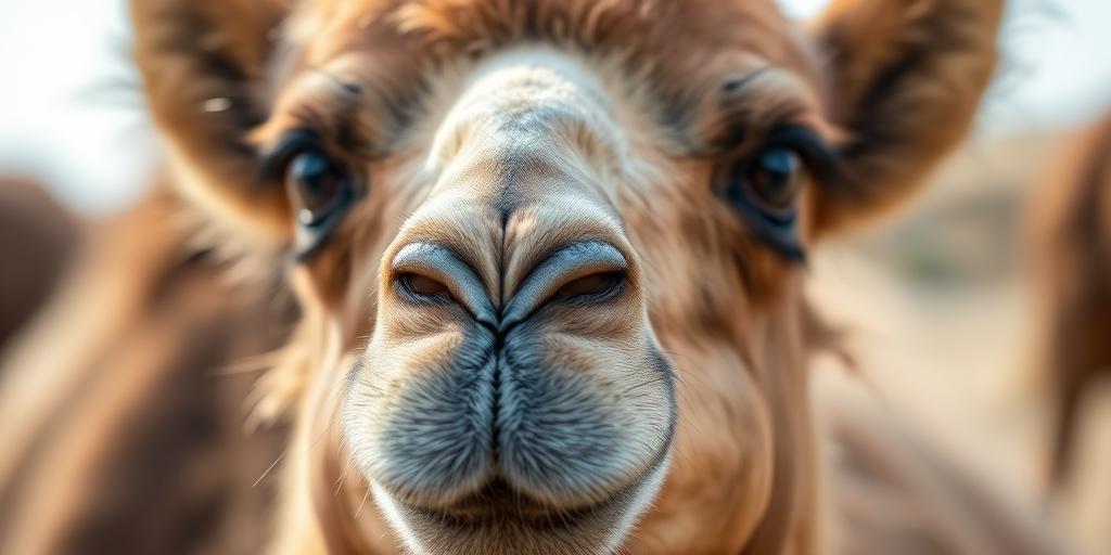 a close-up shot of a cute camel with big eyes, 50mm lens, f/2.8 aperture, ISO 200, natural light, shallow depth of field, DSLR camera, capturing the texture of its fur and the background softly blurred