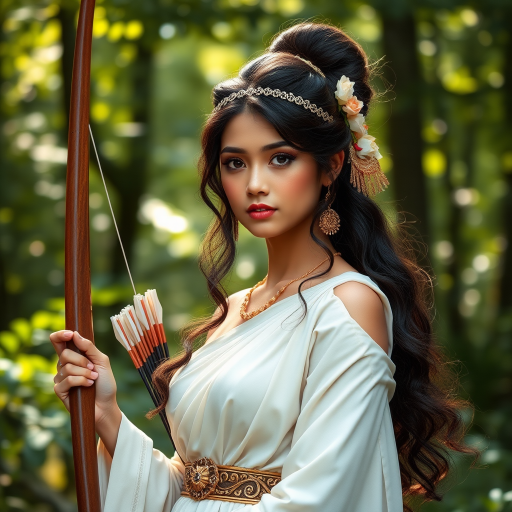 Create a portrait of a goddess-like Nepali girl figure in a tranquil, forested environment. She has an elegant appearance with long, wavy hair styled in an updo and adorned with a delicate, floral headband. She wears a flowing, ancient Greek-inspired gown in a soft, pale color, featuring a one-shoulder design and draped fabric that accentuates her graceful form. The outfit includes a decorative belt with ornate gold detailing, and she holds a bow in her hand, with a quiver of arrows slung over her shoulder. The background depicts lush greenery, with sunlight filtering through the trees, casting a gentle, ethereal light on the scene. Her expression is calm and contemplative, embodying a sense of wisdom and serenity.