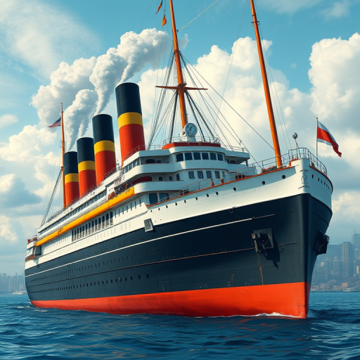 Create a highly detailed digital illustration of a large historic ship with multiple smokestacks, vibrant colors, showcasing its grandeur from a side view, using a Canon EOS R mirrorless camera with a 24-70mm f/2.8 lens, aperture set to f/8, ISO 100, and a 1/200 sec shutter speed for enhanced clarity and depth.