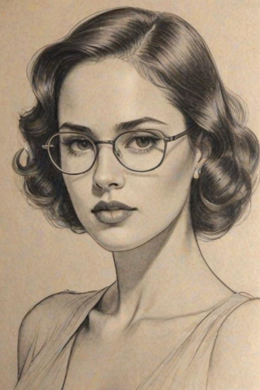 Comely Eiza Gonz'lez, pencil sketch, portrait of Splendid woman 1935s in glasses, hair style beatnik, outline, clear lines, fine lines, 8k