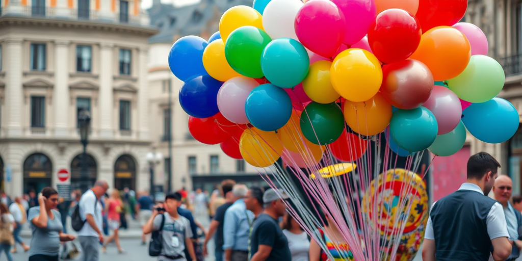 Create an image of a vibrant balloon vendor in a lively city square, capturing a colorful array of balloons in various shapes and sizes, with people interacting in the foreground; use a DSLR camera with a 35mm lens, aperture set to f/8 for sharp focus, ISO 200 for clear image quality, and a slight low-angle view to emphasize the balloon arrangement.