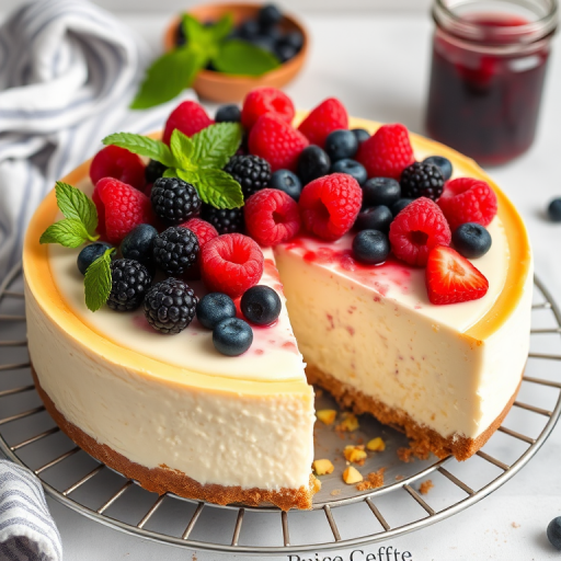 A delicious cheesecake topped with a variety of fresh berries including raspberries blackberries and blueberries garnished with mint leaves on a cooling rack with a slice cut out revealing the creamy texture inside alongside a jar of berry sauce in the background