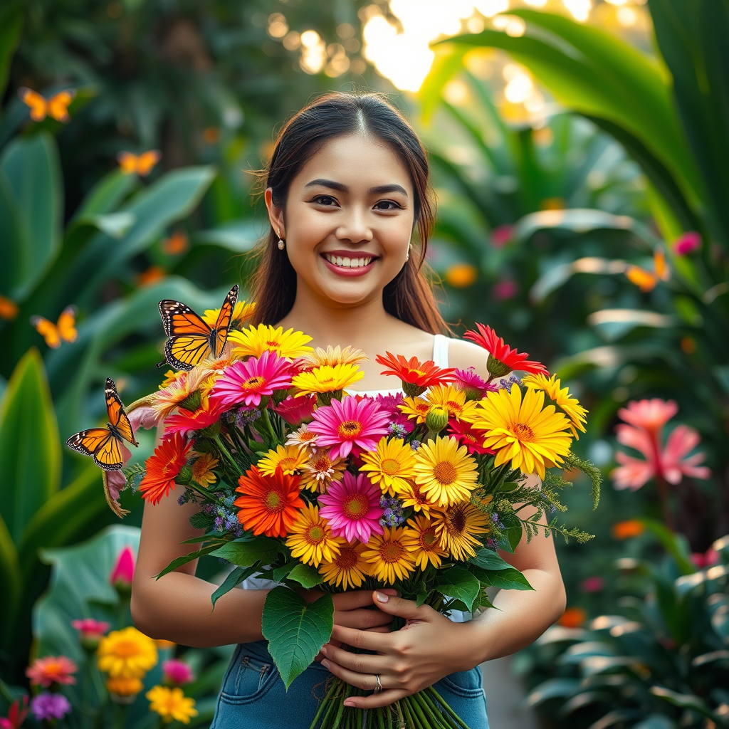 Generate a vibrant outdoor portrait of a smiling woman holding a bouquet of colorful flowers in a lush garden filled with tropical plants and whimsical butterflies, using a Canon EOS R5 with a 50mm f/1.2 lens, aperture set to f/1.8, shutter speed 1/200s, ISO 100, in soft natural light during golden hour.