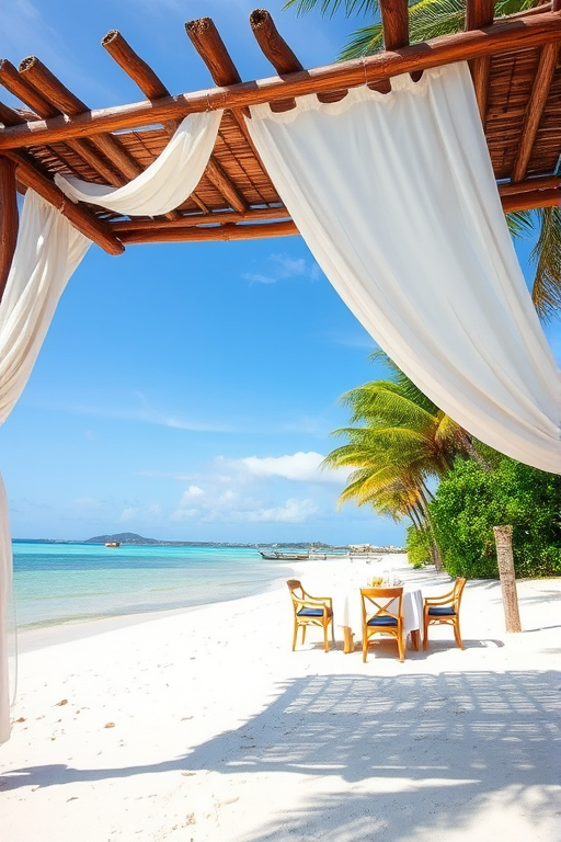 Create a picturesque tropical beach scene featuring a serene, white sandy shore. In the foreground, there's a rustic wooden canopy with white drapes gently flowing in the breeze. Underneath the canopy, a table is set with tropical decor, evoking a sense of relaxation and leisure. The beach extends into a calm, shallow water area with reflections of the sky and surroundings. Palm trees and lush greenery line the edge of the beach, providing a natural, tropical backdrop. The sky is clear with a few scattered clouds, and the overall atmosphere is tranquil and inviting, perfect for a peaceful retreat.