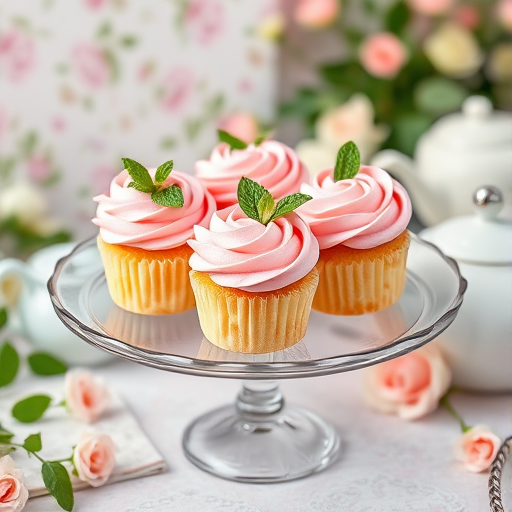 Create an image of a clear glass cake stand displaying several small layered cakes with pink frosting shaped like roses on top and fresh mint leaves as decoration surrounded by a soft floral background and a delicate tea set in the scene.