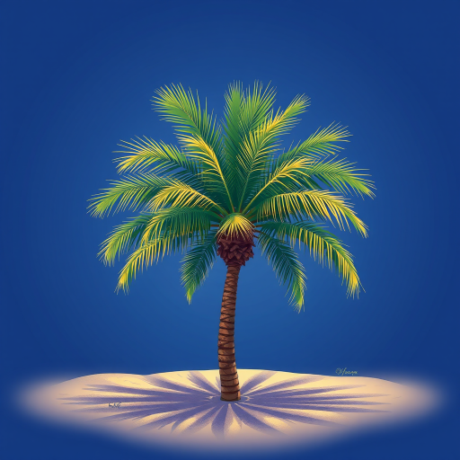 Create a vibrant illustration of a palm tree on sandy ground, using a digital art style with high contrast colors, detailed textures, and soft shadows, shot with a high-resolution camera at f/2.8 aperture, 50mm lens, and a shallow depth of field to emphasize the tree.