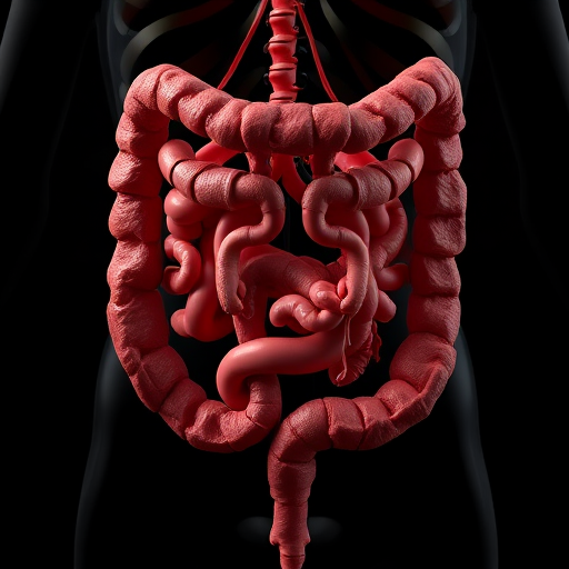 Create a highly detailed 3D render of the human intestines, using a Canon EOS R5 camera, 50mm lens, f/1.8 aperture, ISO 100, 1/200 sec shutter speed, with a dark background, high dynamic range, and realistic textures.