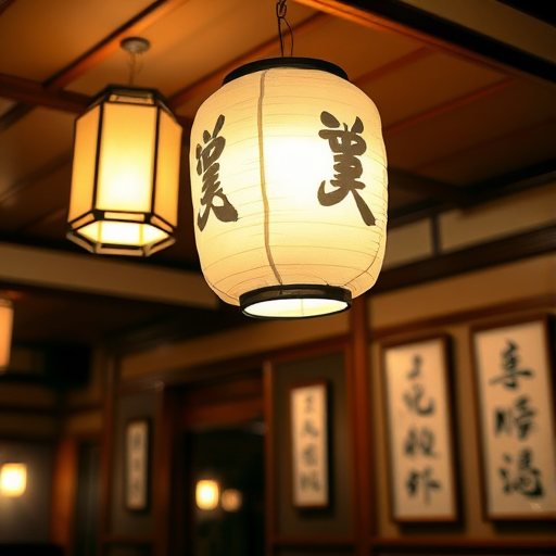 Japanese restaurant interior with a hanging paper lantern, warm lighting, wooden walls, and decorative calligraphy art, captured with a DSLR camera, aperture f/2.8, shutter speed 1/60 sec, ISO 400, using a 50mm lens for a soft background blur.