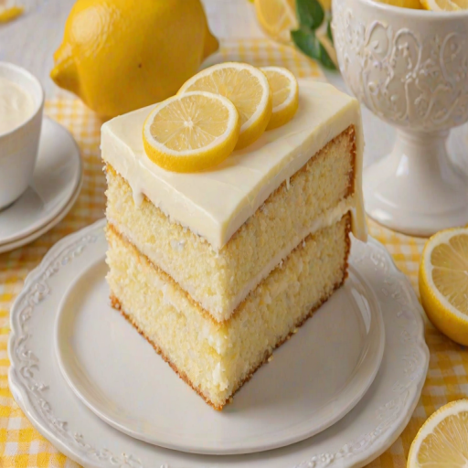 Create an image of a slice of lemon cake with a creamy lemon frosting. The cake should have two layers, showcasing a moist, fluffy texture. The slice is presented on a white plate, with a light yellow checkered background. Add a few lemon slices or zest on top for decoration.