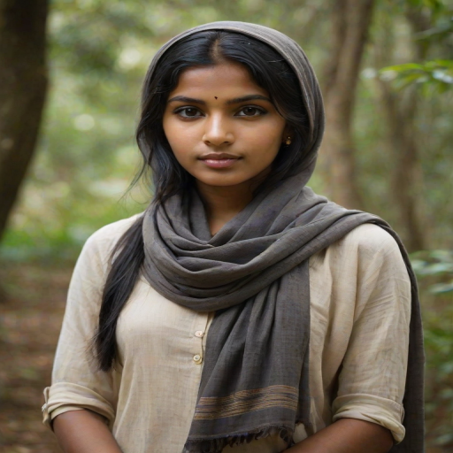 Create a portrait of a young Sri Lankan woman with long, dark hair and captivating hazel eyes. She is wearing a dark headscarf and a matching scarf draped gracefully around her neck. The background is softly blurred, focusing attention on her serene and natural expression. The overall color palette is muted and warm, enhancing the intimate and authentic feel of the portrait.