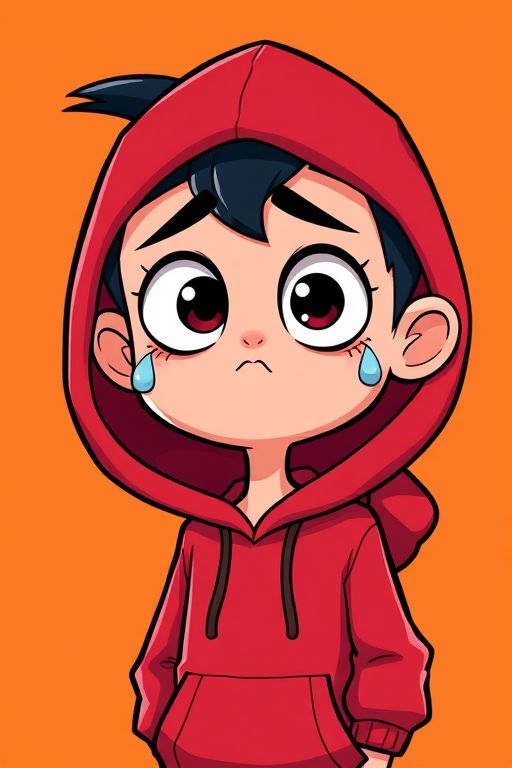 Create a high-resolution cartoon-style portrait of a cartoon character with exaggerated features, large eyes, and tears, wearing a red hoodie, facing slightly to the side against an orange background, using a DSLR camera set to f/4, ISO 100, and a 50mm lens for sharp details and vibrant colors.