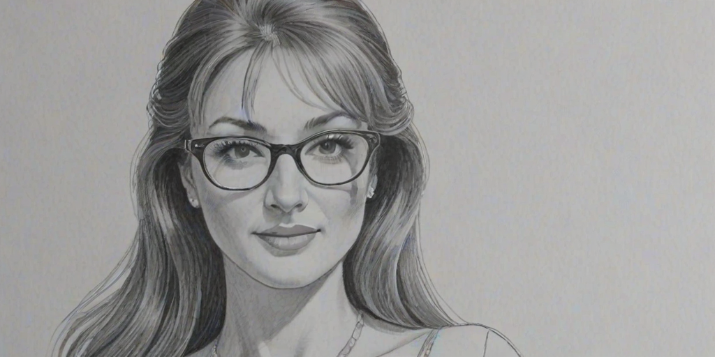 Splendid Jane Seymour, pencil sketch, portrait of Resplendent woman 1959s in glasses, hair style beatnik, outline, clear lines, fine lines, 8k