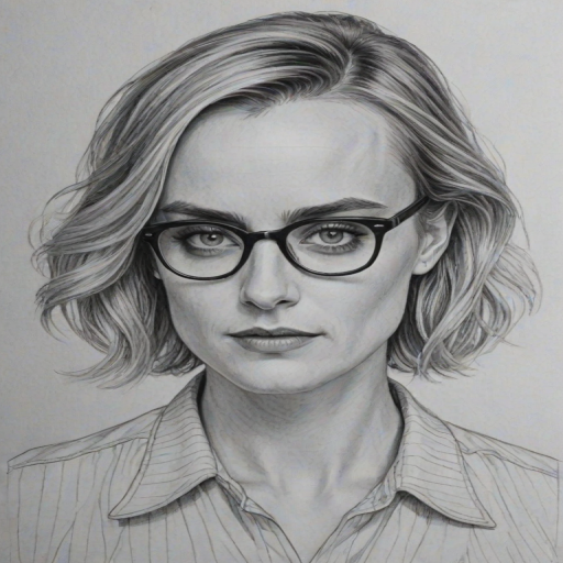 Enticing Taylor Schilling, pencil sketch, portrait of Enchanting woman 1947s in glasses, hair style beatnik, outline, clear lines, fine lines, 8k
