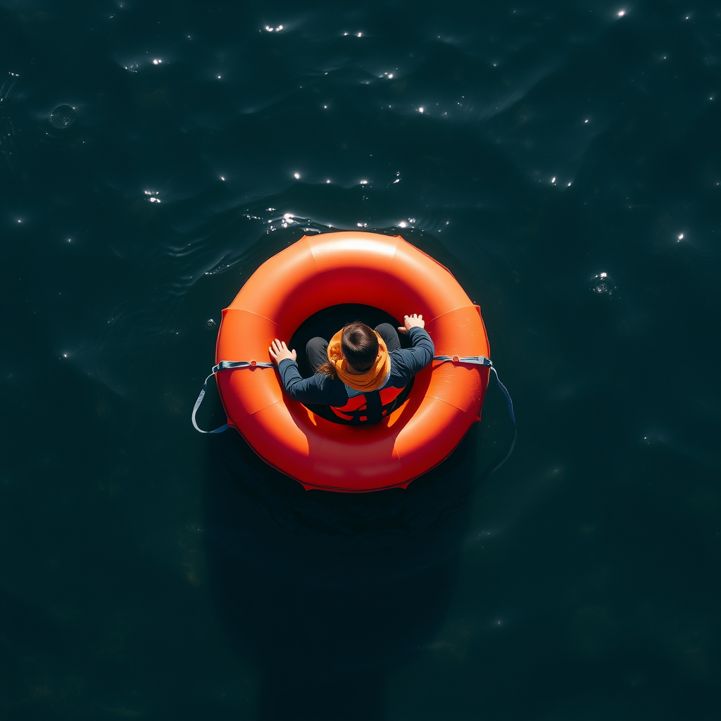 Create a high-resolution icon of a person in a buoy on water with an arrow pointing left, using a DSLR camera at f/8, ISO 100, 24mm lens, natural light, and a top-down view for clarity and vibrancy.