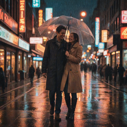 Blurry, candid photo of a couple sharing an umbrella in a bustling city street, soft glow from neon signs reflecting on the wet pavement, the sound of raindrops hitting the ground, and the warmth of shared intimacy.