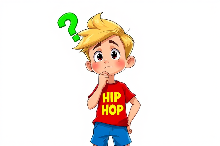 generate an animated character of a confused boy with blonde hair in a red shirt with "HIP HOP" text and blue shorts, standing with a hand on his chin and a green question mark above his head, use a 50mm lens, f/2.8 aperture, ISO 100, and vibrant colors for a high-quality digital illustration