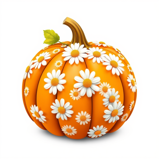 a whimsical orange pumpkin with white daises pattern covering the pumpkin. Solid white background sublimation vector 3000dpi 32k