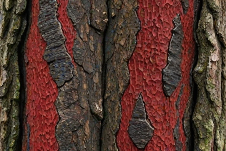 regenerate a close-up of a textured tree bark with dark and red patterns, emphasizing the ruggedness and depth of the surface