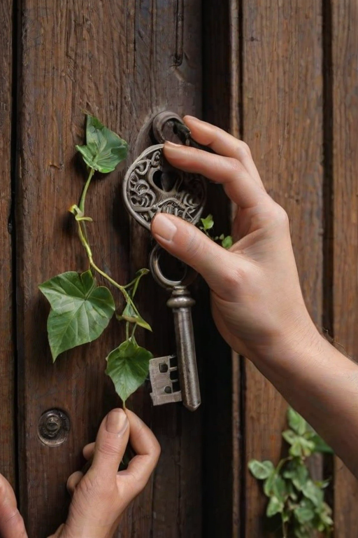 Softly lit, close-up of a hand holding a vintage key in front of an old wooden door, the intricate details of the metal key catching soft light, with ivy-covered bricks barely visible in the background.