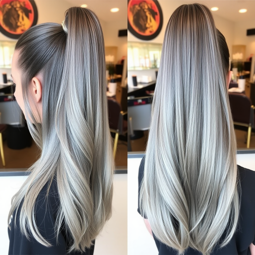 Metallic silver to gunmetal ombré dubbed "Steel Symphony" styled in a sleek, high ponytail with wrapped base and glass-like shine