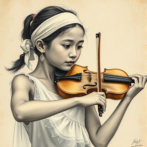 a young Micronesian woman with a white headband playing a violin, in the style of a charcoal drawing, sepia grunge background