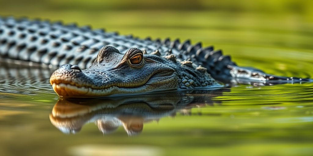 crocodile resting on the water surface, ultra HD, 50mm lens, f/2.8 aperture, ISO 100, shallow depth of field, soft focus background, natural lighting, macro photography