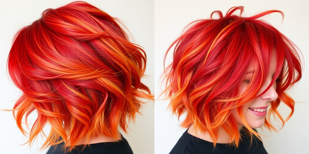 Fiery Phoenix Feathers style incorporating vibrant shades of red, orange, and yellow in a layered, feathered cut with wispy, face-framing tendrils