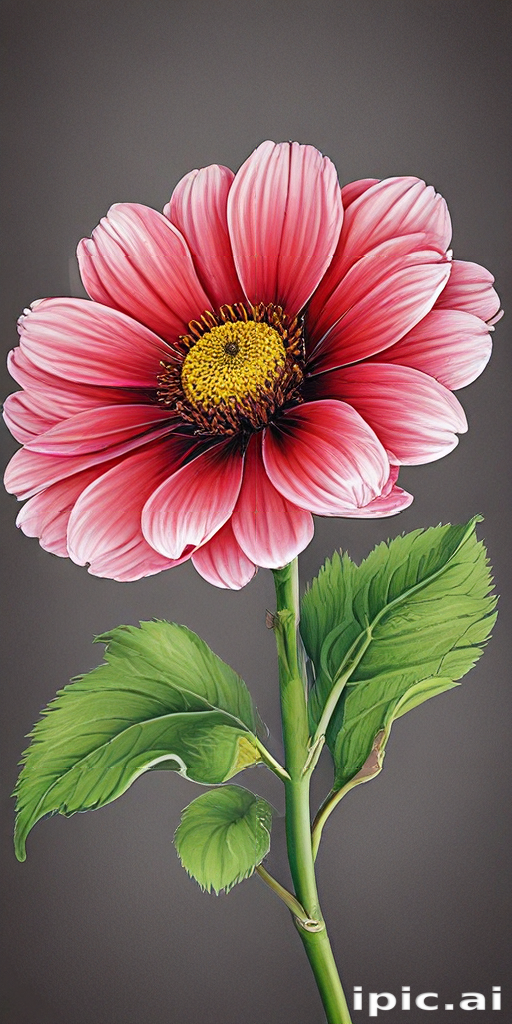 Vibrant Pink Flower with Lush Green Leaves Against a Dark Background
