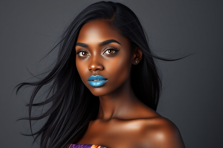 Photographic image of a beautiful young Afro-Caribbean woman, Yellow eyes, lips with cyan lipstick, long hair fluttering in the wind and wearing a silk strapless dress with a soft purple and orange print. monochrome image with only color highlights in the iris of the eyes, lipstick and dress. Gray background.