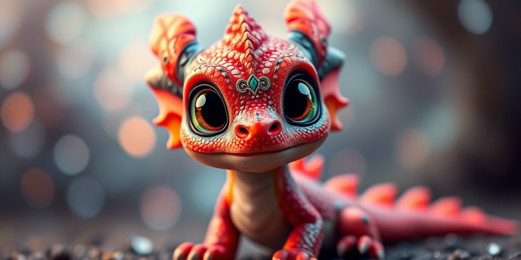 A cute and colorful baby dragon with large expressive eyes and shimmering scales, posed against a softly blurred magical background, shot with a DSLR camera at f/2.8, ISO 100, 50mm lens, using a portrait style for enhanced depth of field and vibrant colors.