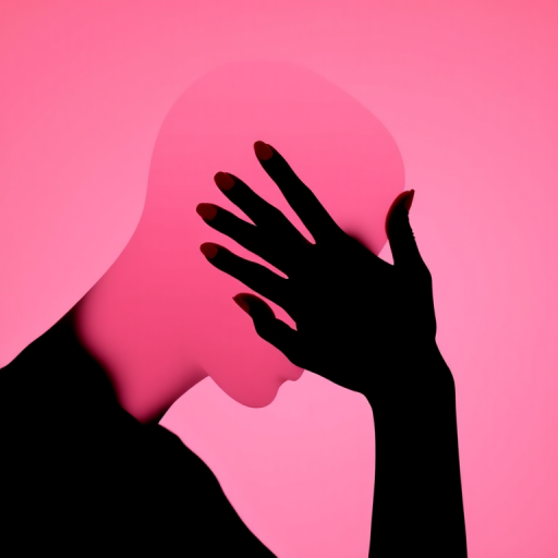 Create a minimalist artwork featuring a silhouette of a person with a hand covering their face, vibrant red nails, and a soft pink background, using a Canon EOS R5 camera, 50mm lens, aperture f/1.8, shutter speed 1/125s, ISO 100, in portrait mode for enhanced detail and contrast.