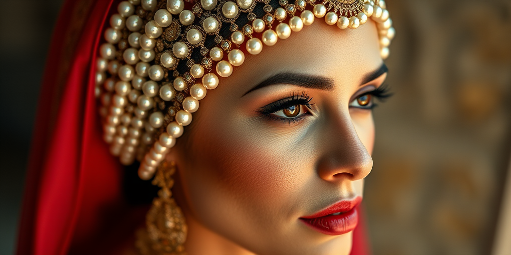 Create a highly detailed portrait of a woman with an elaborate pearl headdress and jewelry, using a Canon EOS R5 with a 50mm f/1.2 lens, in soft natural lighting, shot from eye level, with a shallow depth of field to enhance the background blur and focus on her intricate expressions.