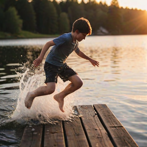 Blurry action shot of a boy jumping into a lake from a wooden dock at dusk, water splashing into the air, with the soft glow of the setting sun reflecting off the rippling surface.