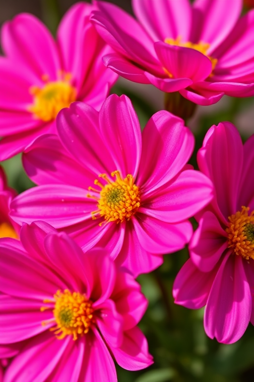 Close-up shot of vibrant pink flowers with detailed petals and golden centers, natural lighting, f/2.8 aperture, ISO 100, 50mm lens, macro photography style, shot from a slightly elevated angle to emphasize the flower details.