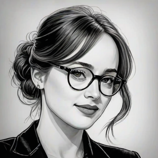Graceful Dakota Johnson, pencil sketch, portrait of Ravishing woman 1950s in glasses, hair style beatnik, outline, clear lines, fine lines, 8k