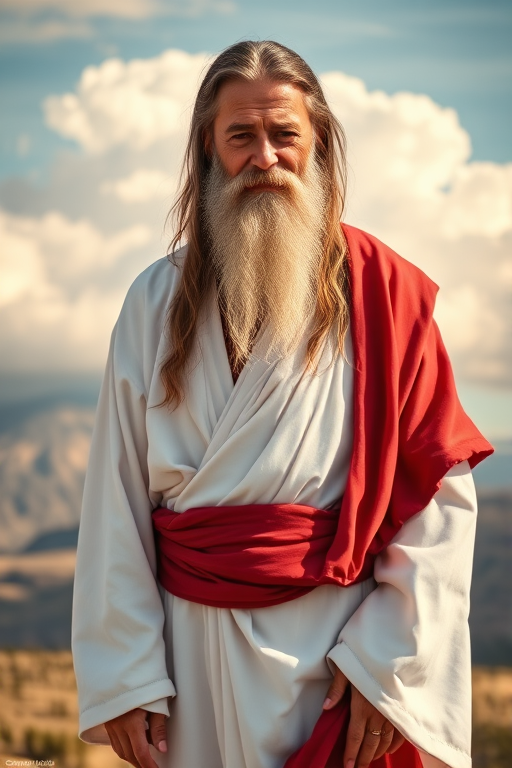 Create a portrait of a serene and compassionate figure with long hair and a beard, wearing a flowing white robe with a red sash, standing in a majestic landscape with soft clouds in the background, captured with a Canon EOS R5, 50mm lens at f/1.8, shot at a slight downward angle, utilizing natural light for enhanced clarity and vibrancy.