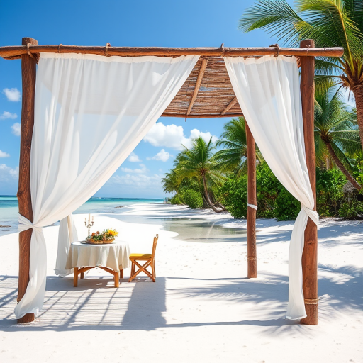 Create a picturesque tropical beach scene featuring a serene, white sandy shore. In the foreground, there's a rustic wooden canopy with white drapes gently flowing in the breeze. Underneath the canopy, a table is set with tropical decor, evoking a sense of relaxation and leisure. The beach extends into a calm, shallow water area with reflections of the sky and surroundings. Palm trees and lush greenery line the edge of the beach, providing a natural, tropical backdrop. The sky is clear with a few scattered clouds, and the overall atmosphere is tranquil and inviting, perfect for a peaceful retreat.