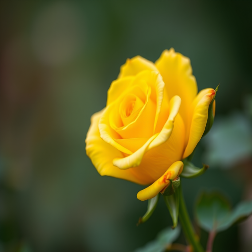 Create a close-up shot of a beautiful yellow rose with buds in a soft-focus background, using a Canon EOS 5D Mark IV, f/2.8 aperture, ISO 100, 1/200 sec shutter speed, and a macro lens for enhanced detail and color vibrancy.