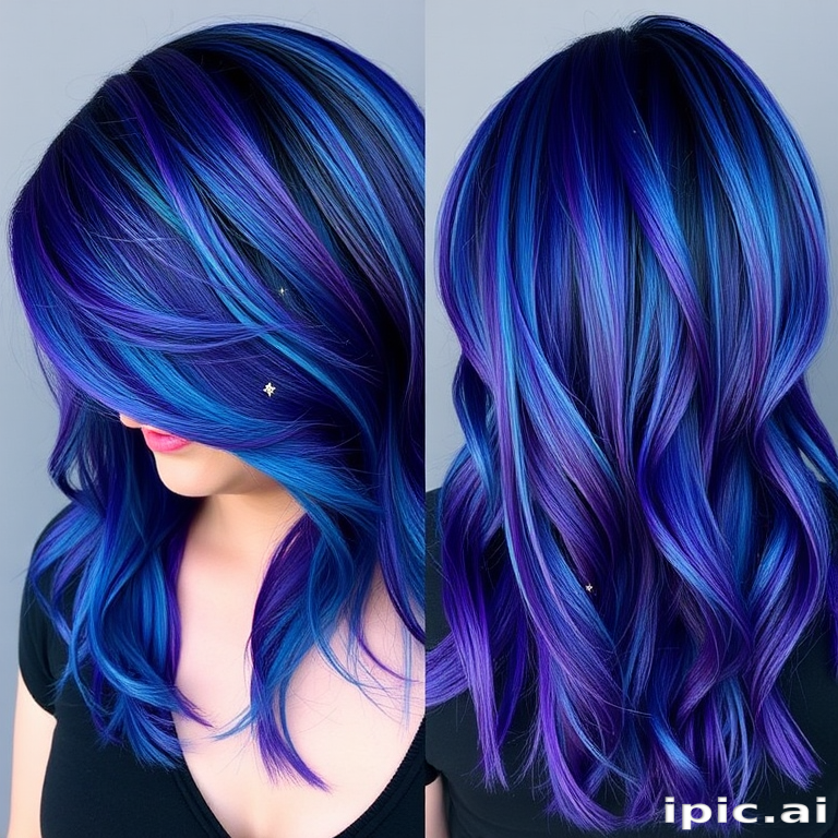 Mesmerizing galaxy-inspired hair color melding deep indigo, teal, and violet hues, styled by Nova Starlight, featuring a long shag cut with wispy bangs and star-shaped glitter accents scattered throughout