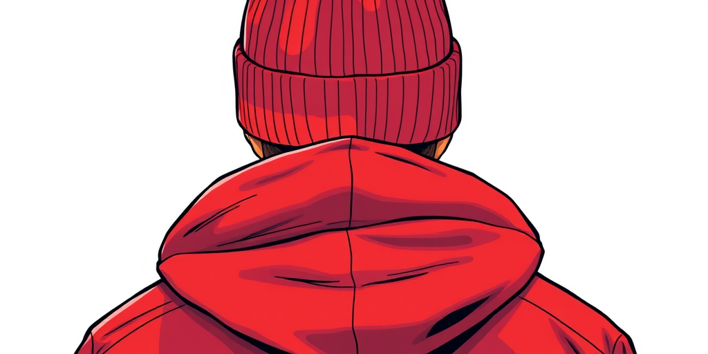 Create an illustration of a person wearing a red beanie and a hooded jacket, viewed from behind, focusing on clean lines and vibrant colors, with a digital art style, using a Canon EOS R5, aperture f/2.8, shutter speed 1/100s, ISO 100, and ensure sharp focus on the subject.